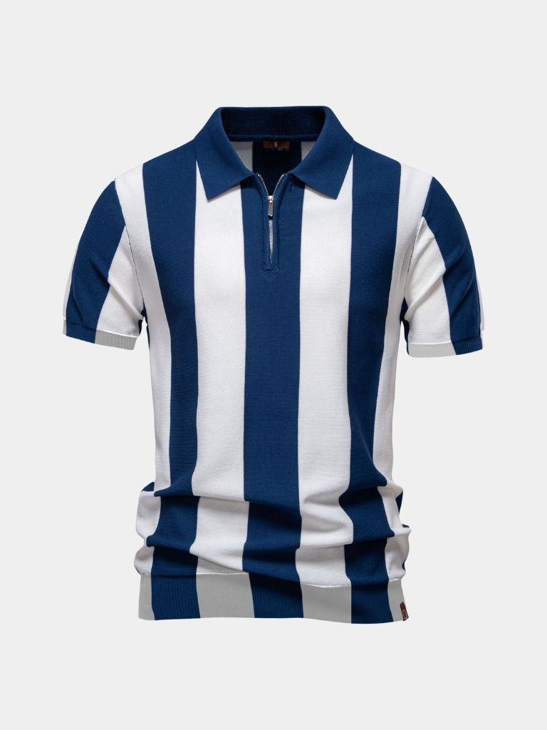 Bernd | Dunkelblaues Poloshirt mit Längsstreifen und Reißverschluss