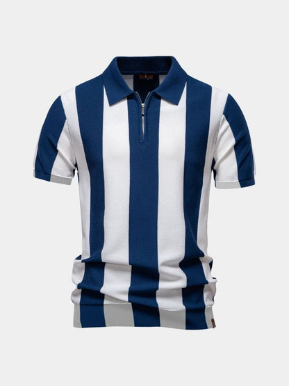 Bernd | Dunkelblaues Poloshirt mit Längsstreifen und Reißverschluss