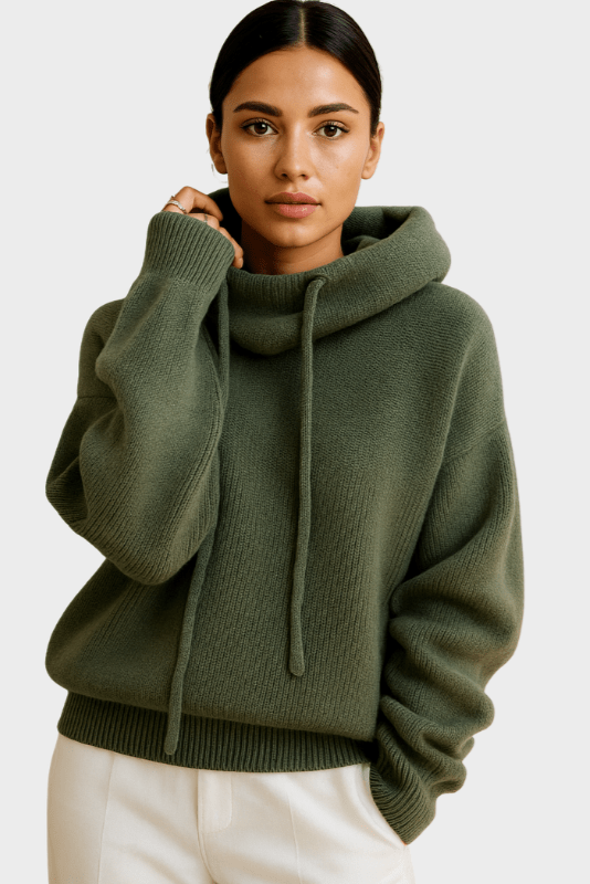Carla | Strickpullover mit Kapuze in Olivgrün