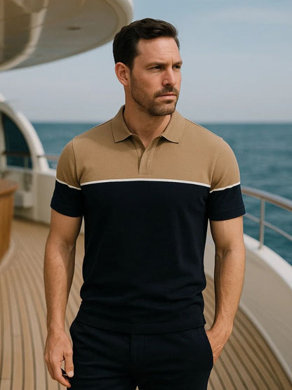 Kaspar | Schwarz-camelbraunes Colorblock-Poloshirt