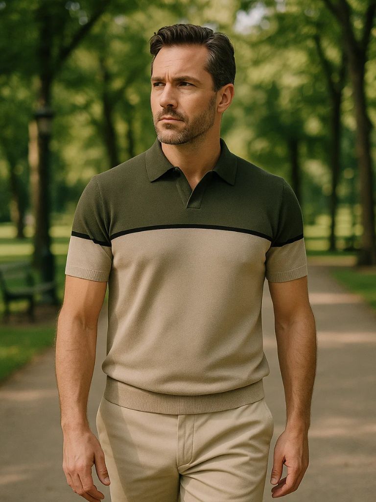 Kaspar | Schwarz-camelbraunes Colorblock-Poloshirt