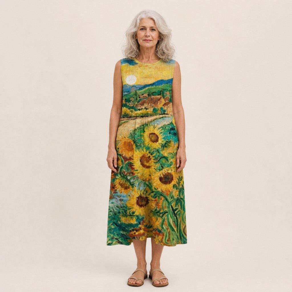 Sigrun | Ärmelloses Sommerkleid mit Sonnenblumenfeld