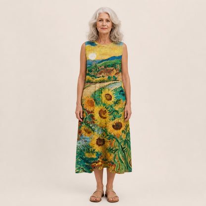 Sigrun | Ärmelloses Sommerkleid mit Sonnenblumenfeld