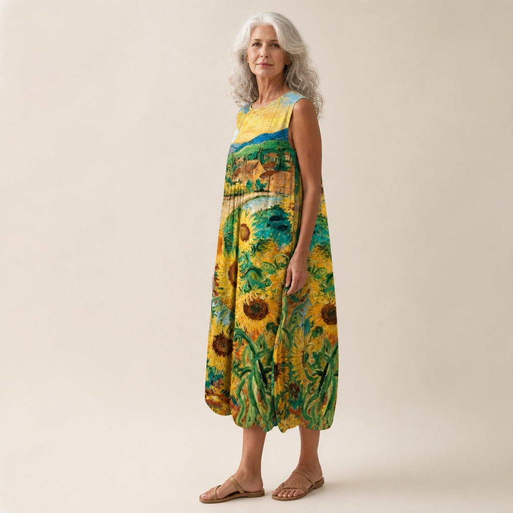 Sigrun | Ärmelloses Sommerkleid mit Sonnenblumenfeld