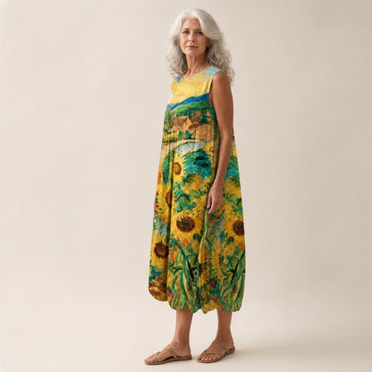 Sigrun | Ärmelloses Sommerkleid mit Sonnenblumenfeld