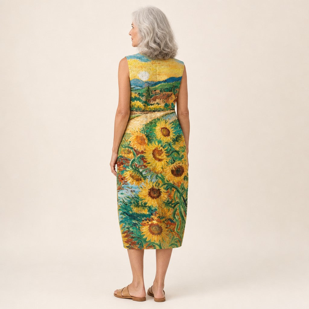 Sigrun | Ärmelloses Sommerkleid mit Sonnenblumenfeld