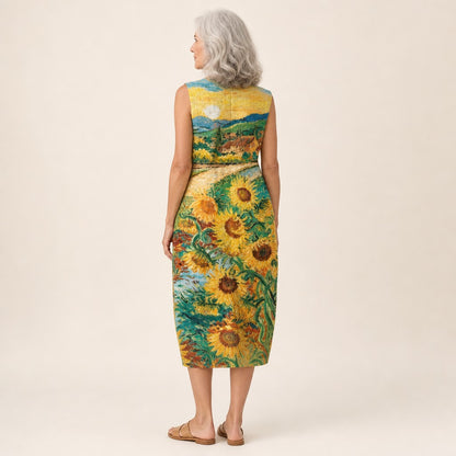 Sigrun | Ärmelloses Sommerkleid mit Sonnenblumenfeld