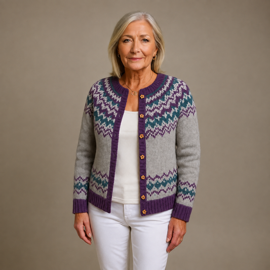 Sabine | Grau-violette Strickjacke mit nordischem Muster