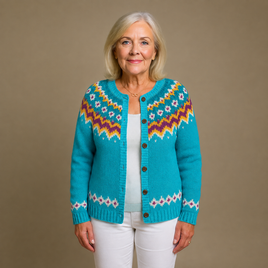 Christa | Leuchtend türkise Strickjacke mit Muster