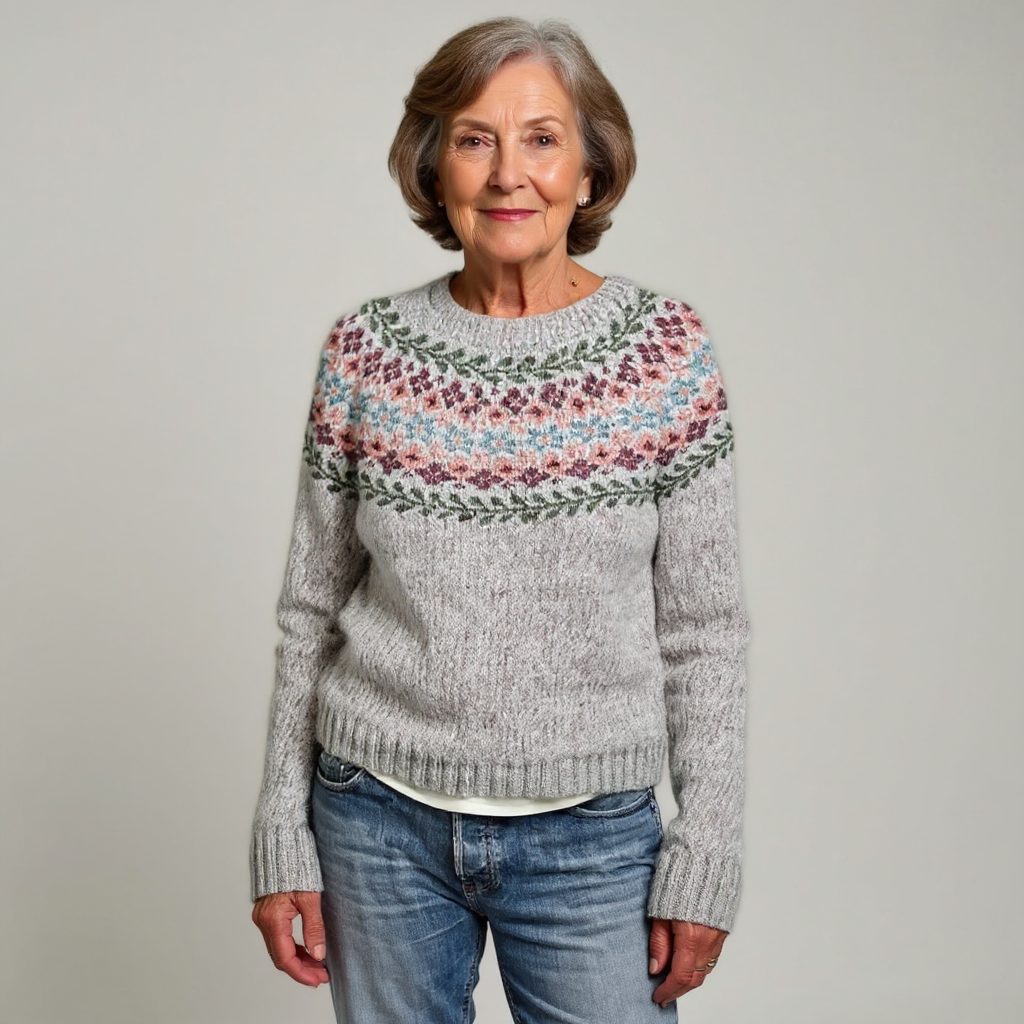 Christiane | Strickpullover mit floralem Fair-Isle-Muster in Grau