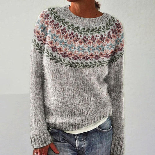 Christiane | Strickpullover mit floralem Fair-Isle-Muster in Grau