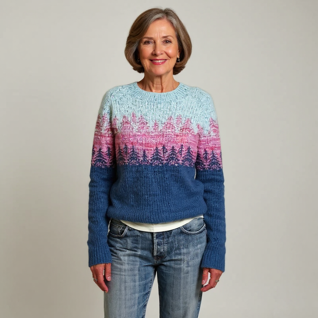 Cordula | Strickpullover mit Waldmotiv in Blau und Rosa