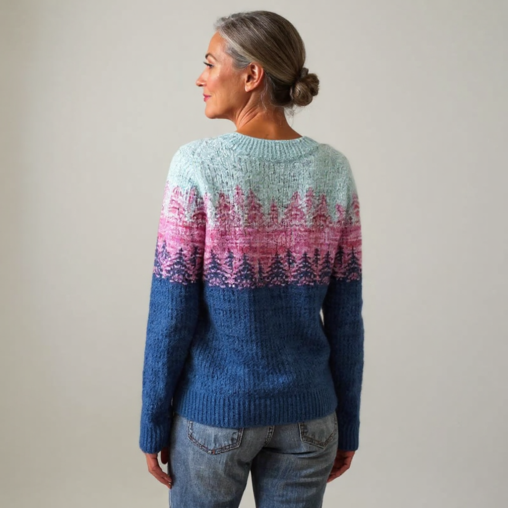 Cordula | Strickpullover mit Waldmotiv in Blau und Rosa