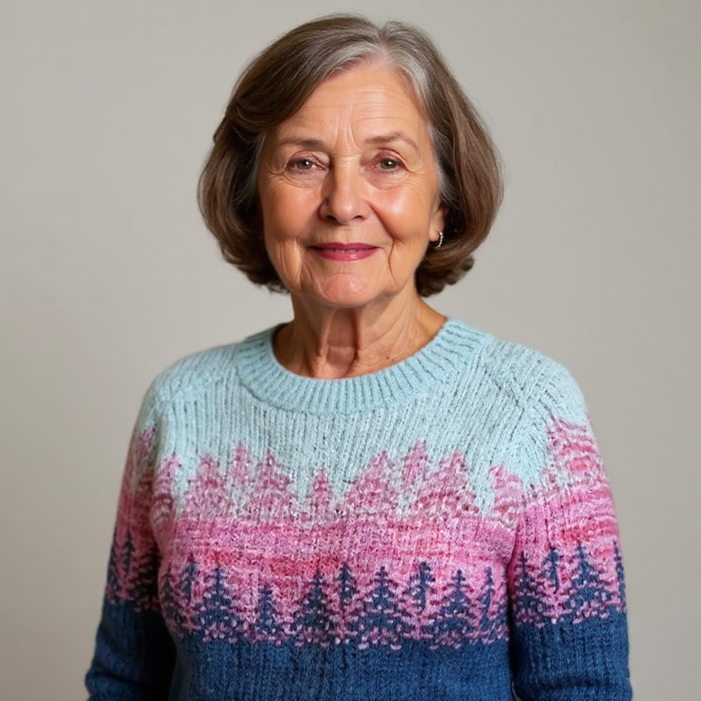 Cordula | Strickpullover mit Waldmotiv in Blau und Rosa