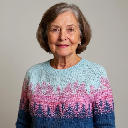 Cordula | Strickpullover mit Waldmotiv in Blau und Rosa