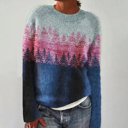 Cordula | Strickpullover mit Waldmotiv in Blau und Rosa