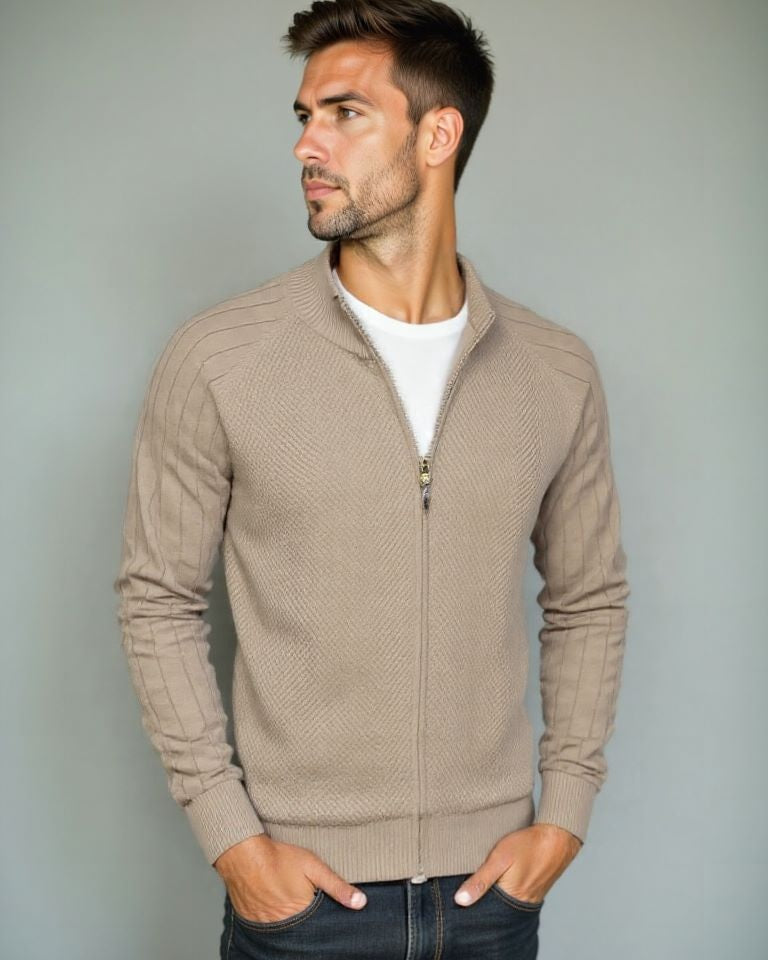 Daniel | Beige Strickjacke mit Reißverschluss