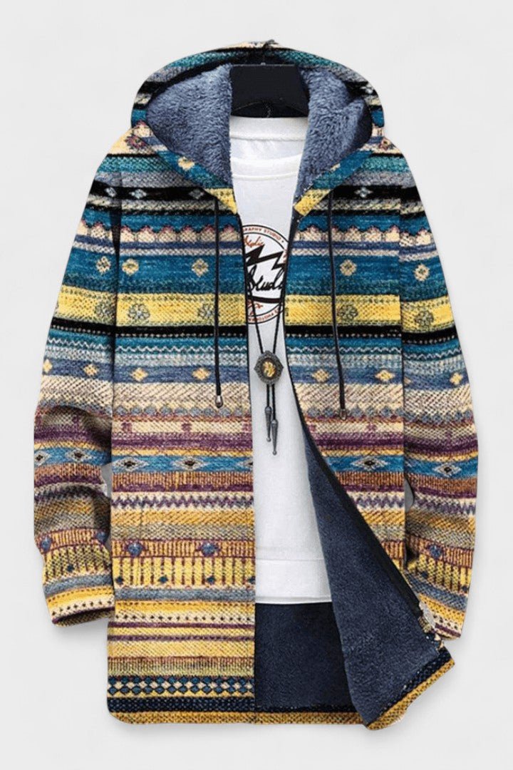 Daniella | Blaue Fair-Isle-Kapuzenjacke mit Reißverschluss