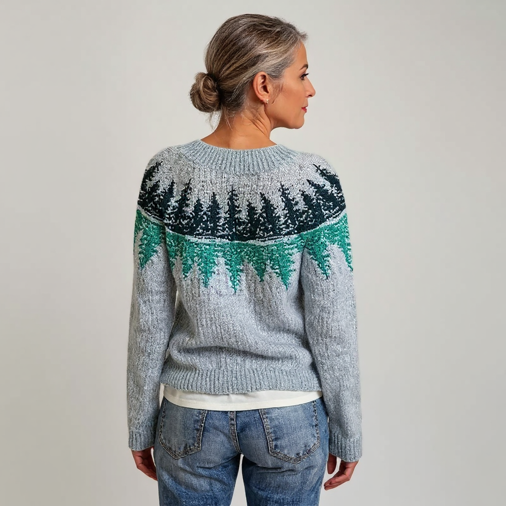 Dagmar | Strickpullover mit Waldmotiv in Grau und Grün