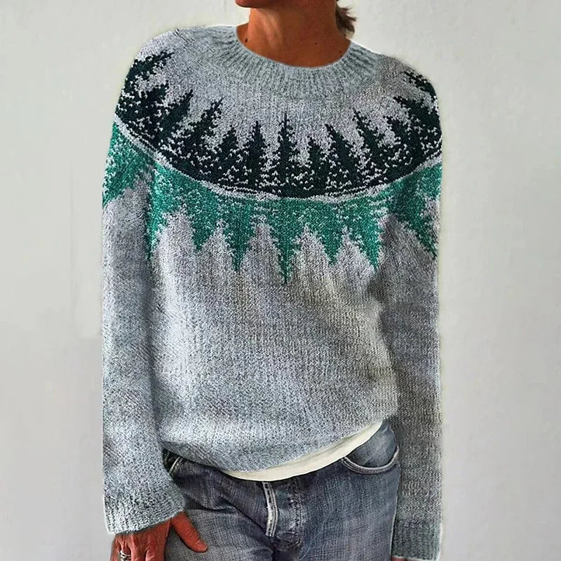 Dagmar | Strickpullover mit Waldmotiv in Grau und Grün