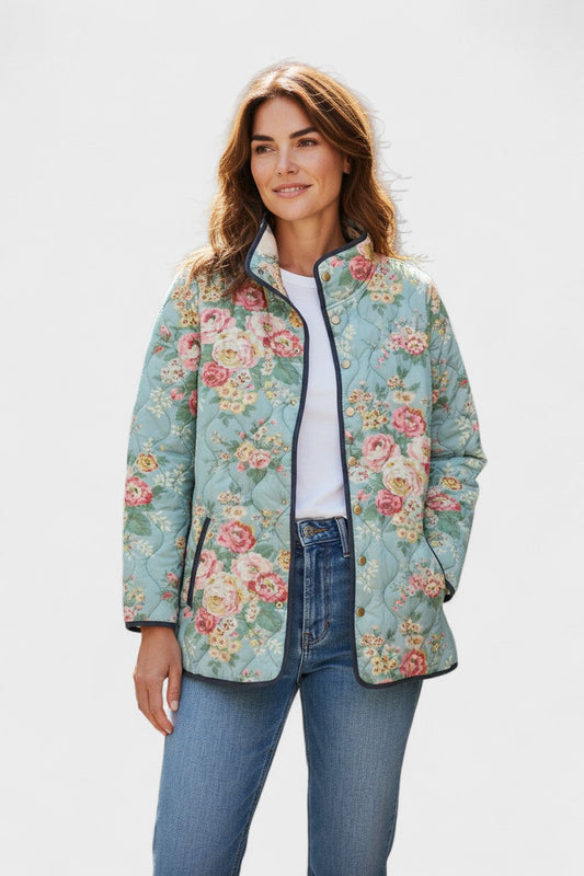 Marianne | Hellblaue gesteppte Jacke mit Rosenmuster