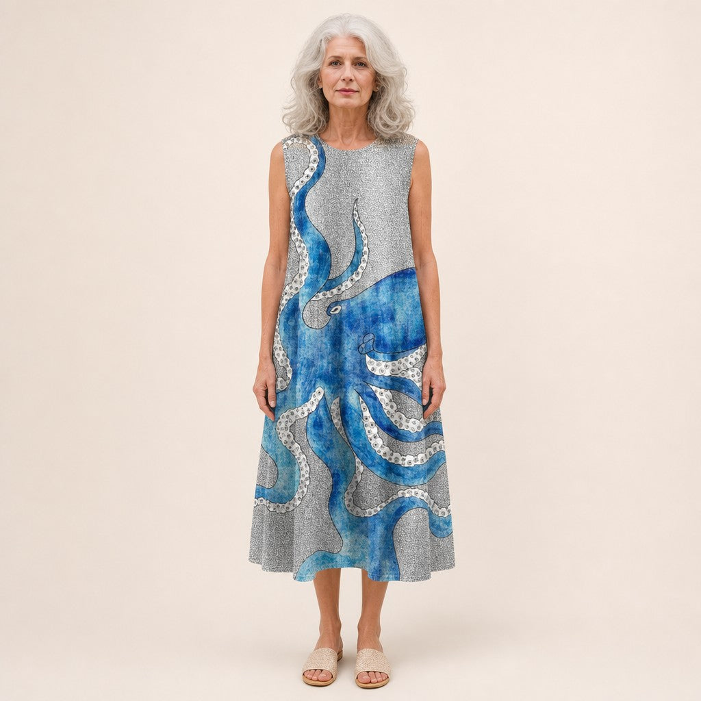 Käthe | Ärmelloses Sommerkleid mit Tintenfisch auf Grau