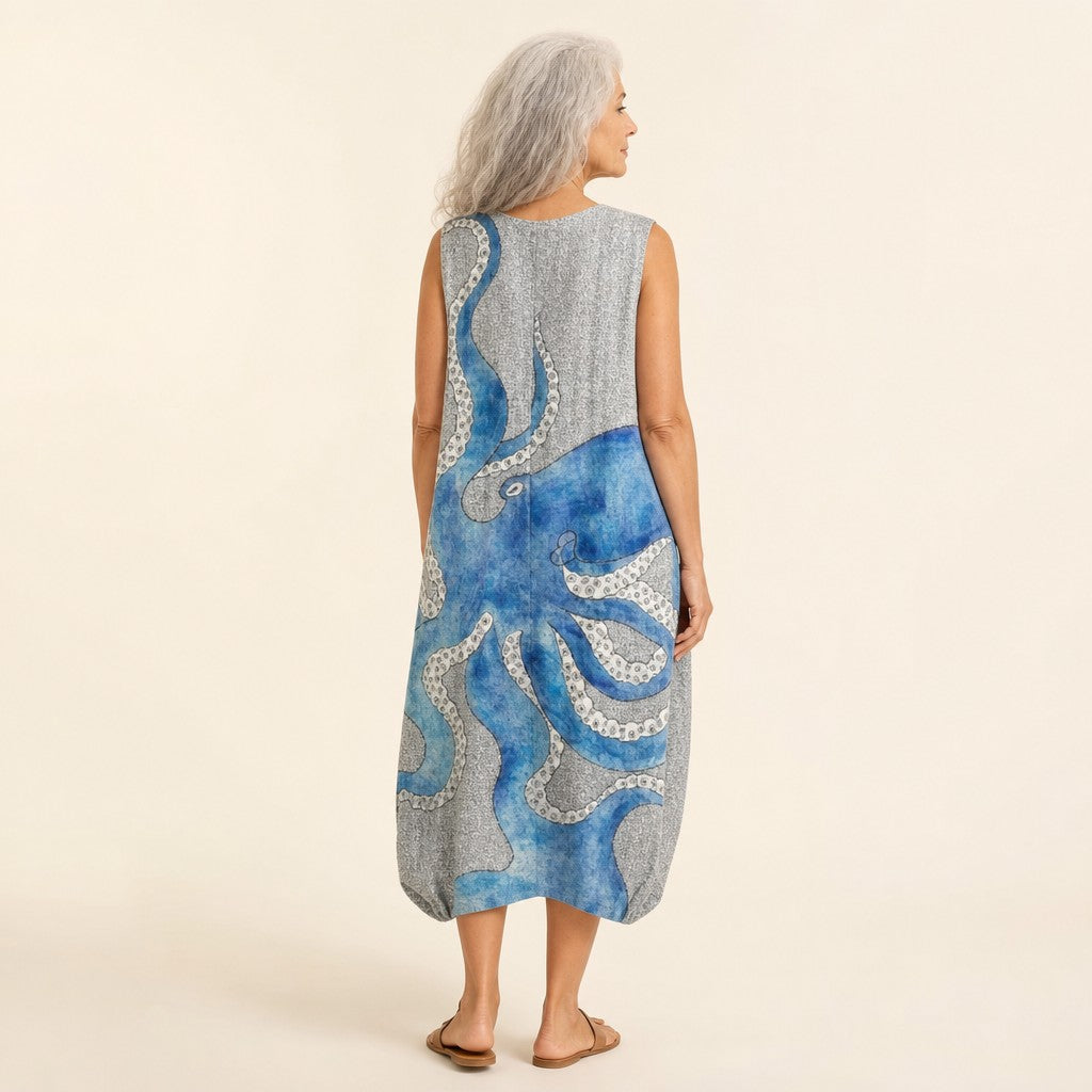 Käthe | Ärmelloses Sommerkleid mit Tintenfisch auf Grau