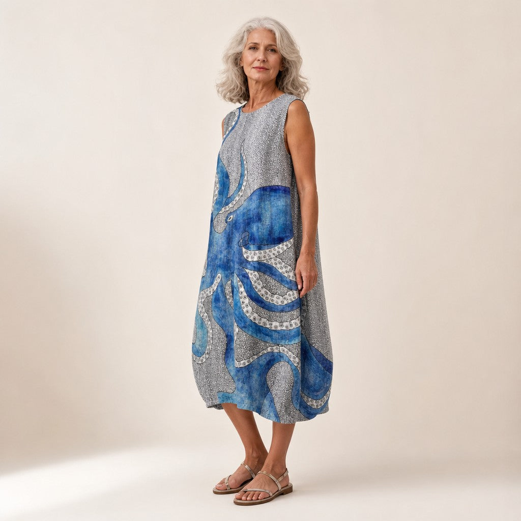 Käthe | Ärmelloses Sommerkleid mit Tintenfisch auf Grau