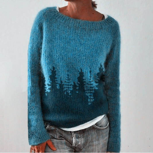 Dorothea | Strickpullover mit Waldmotiv in Petrol