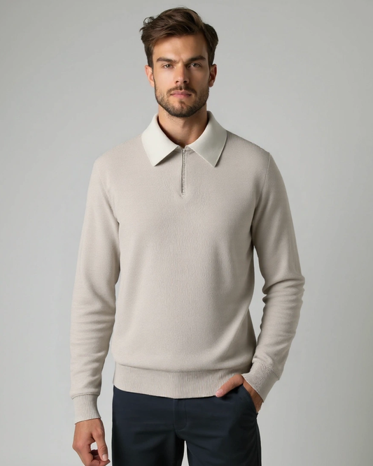 Erich | Hellgrauer Strickpullover mit Polokragen