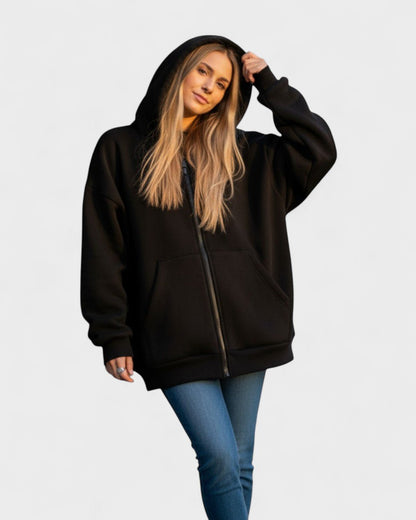 Elinor | Schwarzer Oversize-Zip-Hoodie mit hohem Kragen