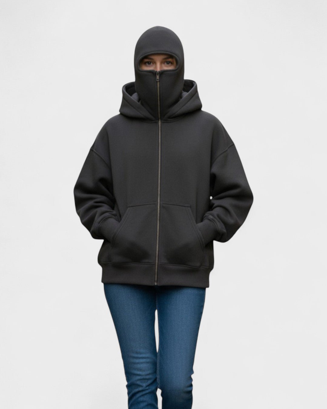 Elinor | Schwarzer Oversize-Zip-Hoodie mit hohem Kragen