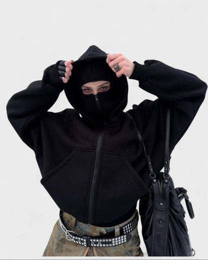 Elinor | Schwarzer Oversize-Zip-Hoodie mit hohem Kragen