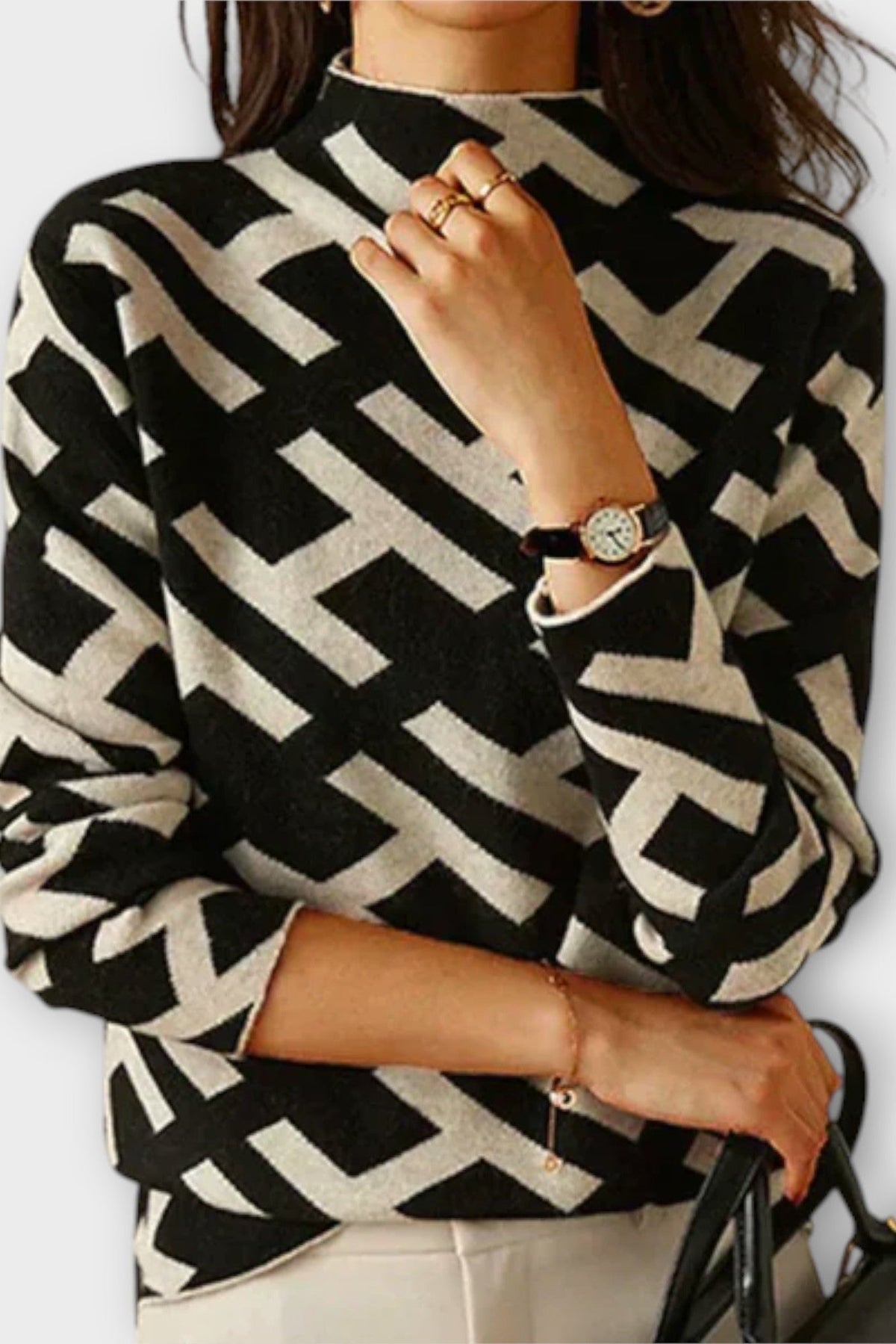 Ellen | Schwarzer Pullover mit geometrischem Muster