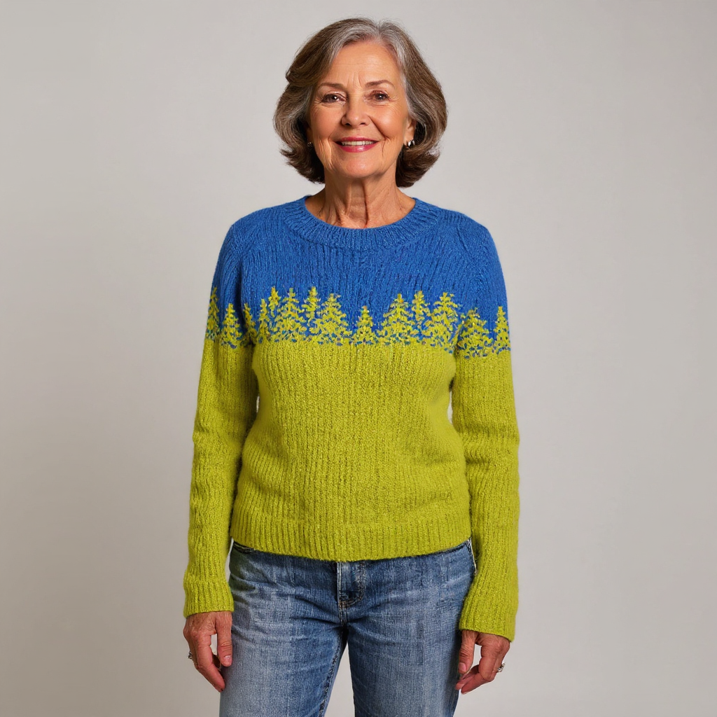 Elke | Strickpullover mit Waldmotiv in Blau und Limettengrün