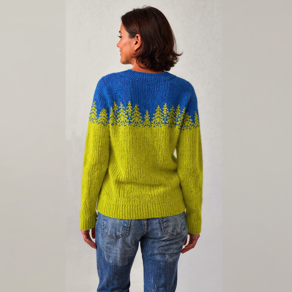 Elke | Strickpullover mit Waldmotiv in Blau und Limettengrün