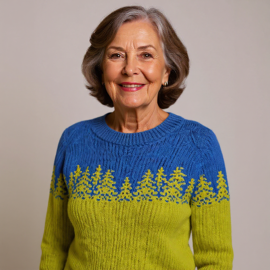 Elke | Strickpullover mit Waldmotiv in Blau und Limettengrün