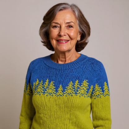 Elke | Strickpullover mit Waldmotiv in Blau und Limettengrün