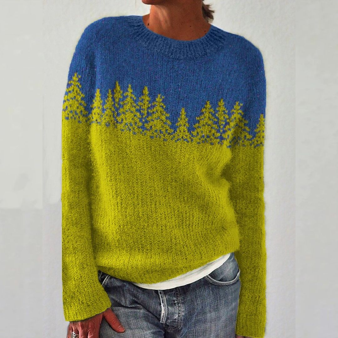 Elke | Strickpullover mit Waldmotiv in Blau und Limettengrün