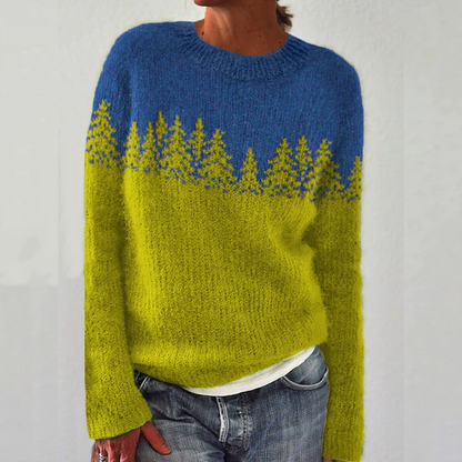Elke | Strickpullover mit Waldmotiv in Blau und Limettengrün