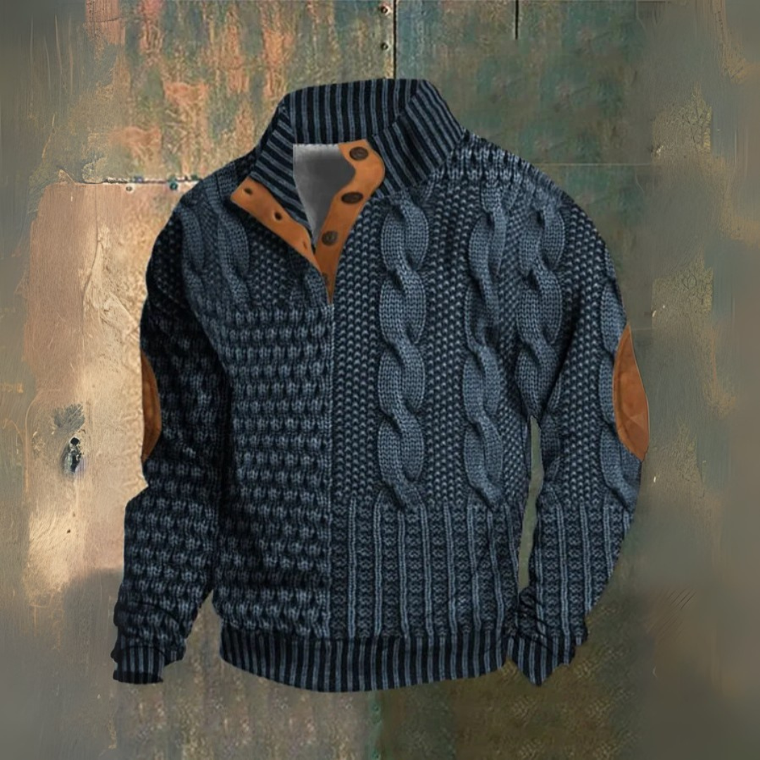 Ernst | Dunkelblauer Zopfmuster-Pullover mit hohem Kragen