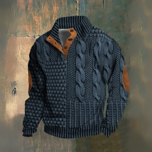 Ernst | Dunkelblauer Zopfmuster-Pullover mit hohem Kragen