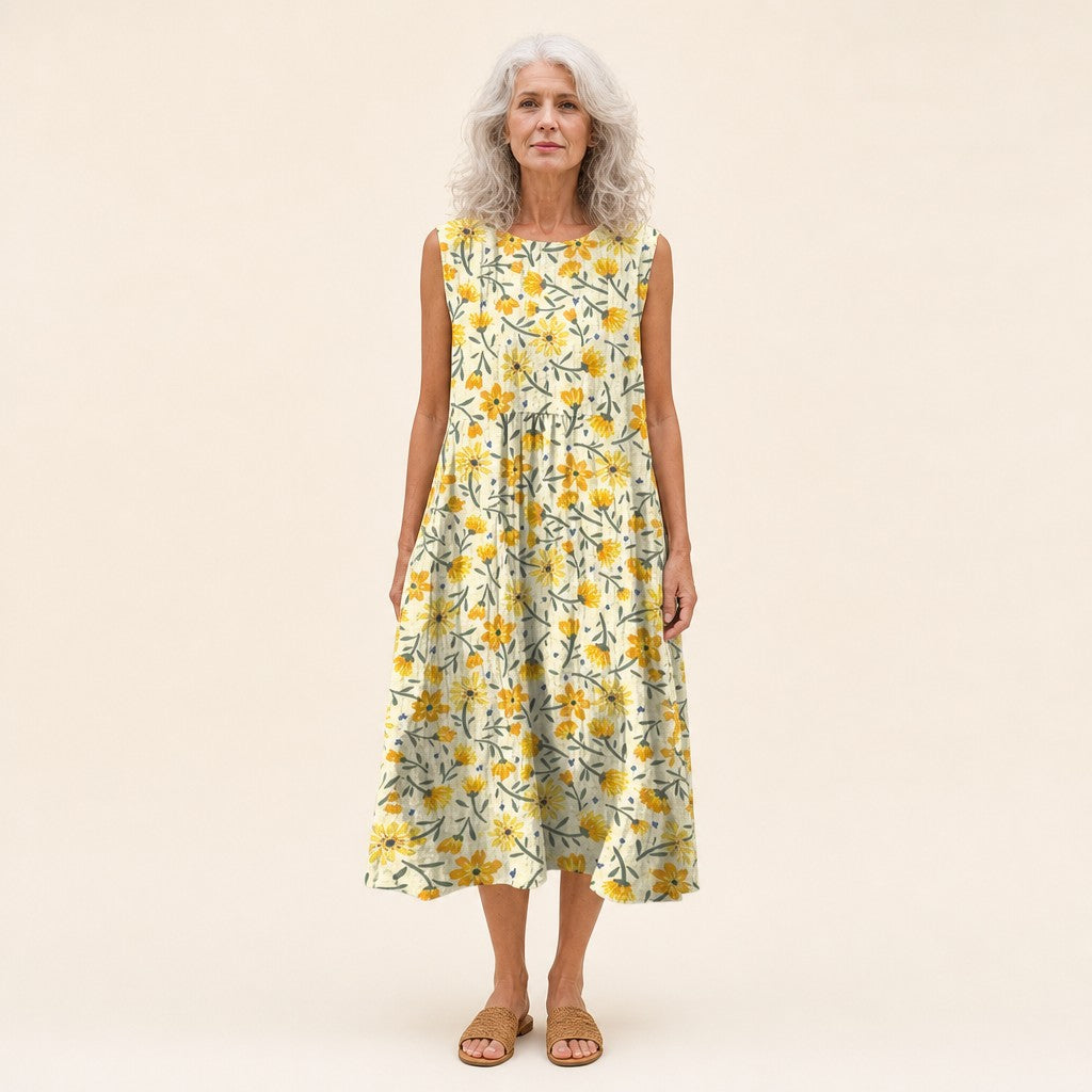 Wiltrud | Ärmelloses Sommerkleid mit gelben Blüten