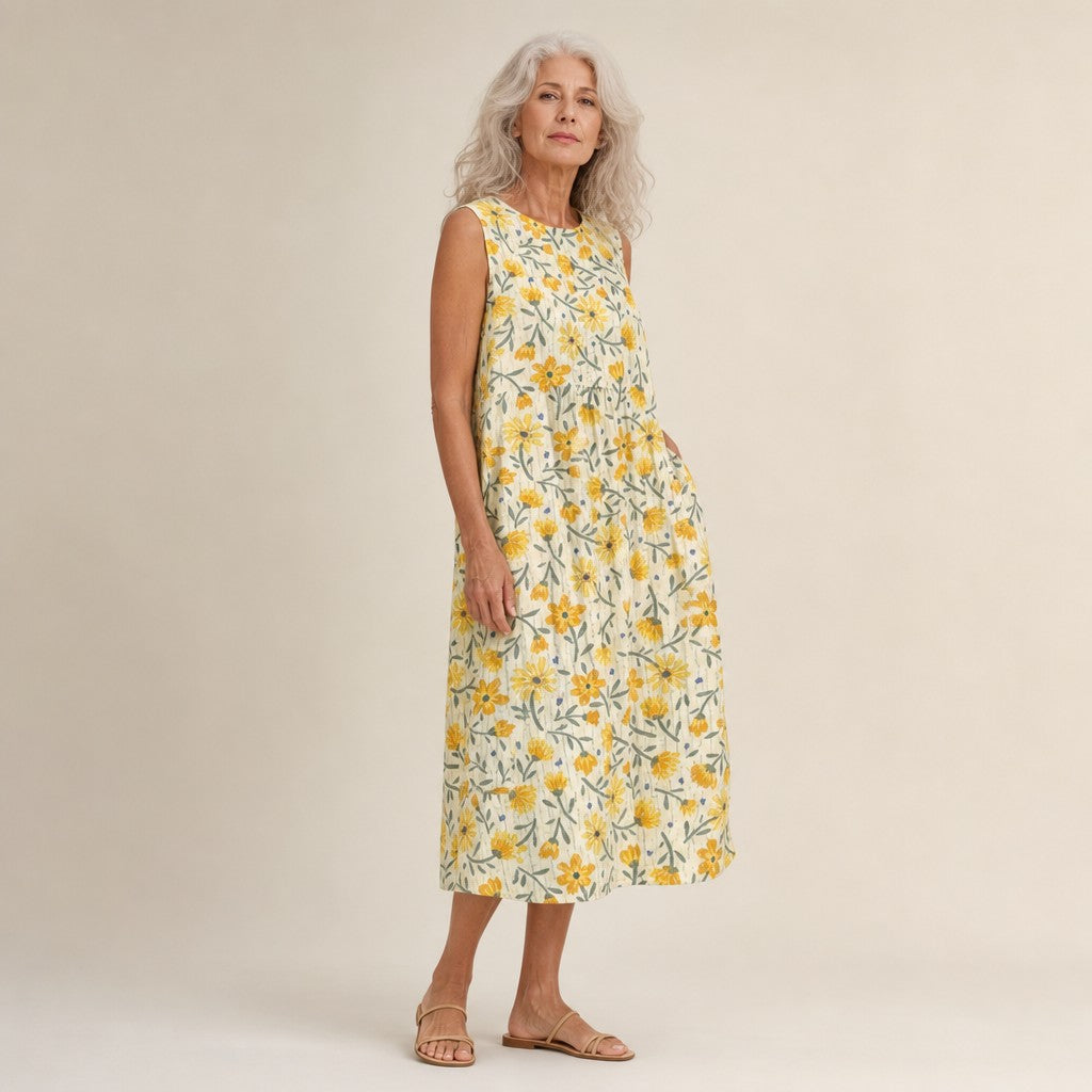 Wiltrud | Ärmelloses Sommerkleid mit gelben Blüten