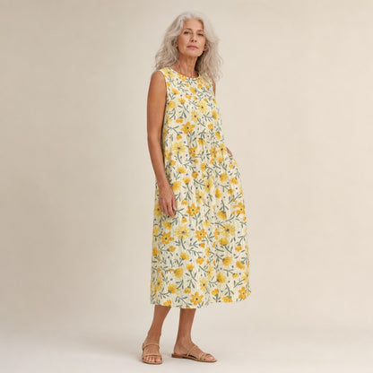 Wiltrud | Ärmelloses Sommerkleid mit gelben Blüten