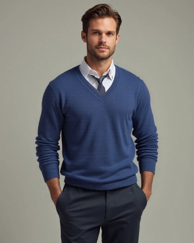 Edmund | Blauer Pullover mit V-Ausschnitt