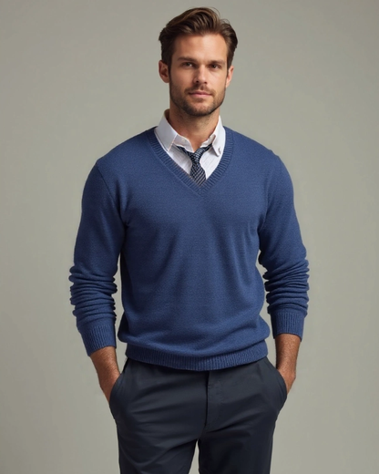 Edmund | Blauer Pullover mit V-Ausschnitt