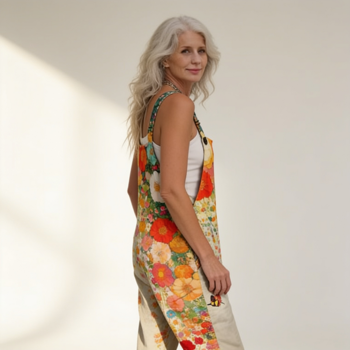 Beate | Latzhose mit Blumen in warmen Tönen