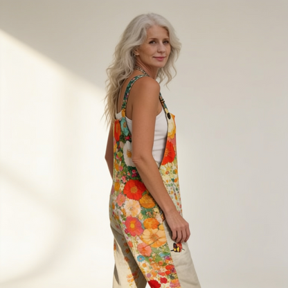 Beate | Latzhose mit Blumen in warmen Tönen