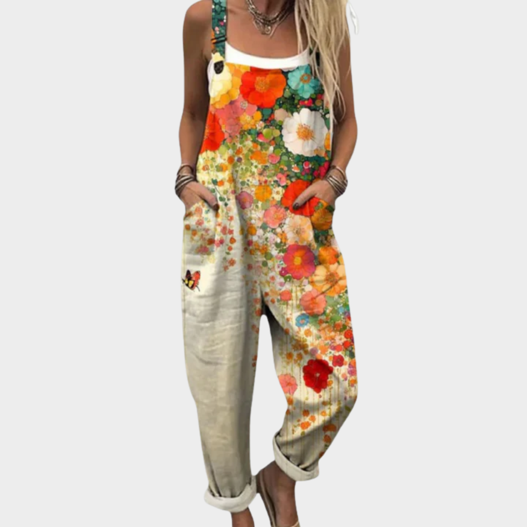Beate | Latzhose mit Blumen in warmen Tönen